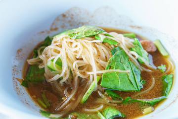Thai flavor style food of boat noodle with black soup