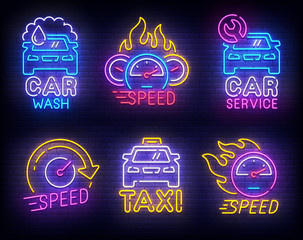 Automotive set neon logo. Car Wash. Taxi and Car Service label and emblem. Neon sign, isolated sticker, bright signboard, light banner. Vector illustration © Vladyslav