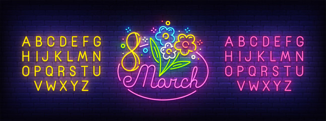 Fototapeta premium 8 March neon sign, bright signboard, light banner. Women Day logo, emblem and label. Neon sign creator. Neon text edit