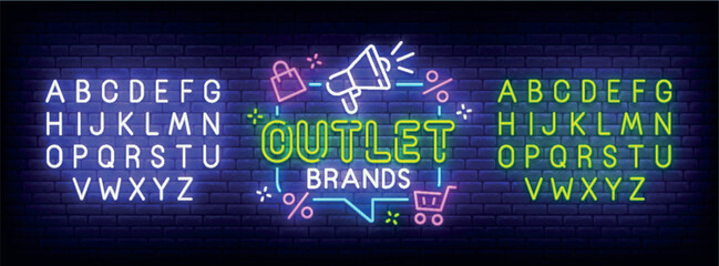 Outlet neon sign, bright signboard, light banner. Outlet logo, emblem and label. Neon sign creator. Neon text edit © Vladyslav