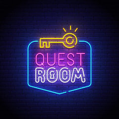 Quest Room neon sign, bright signboard, light banner. Escape Room logo neon, emblem. Vector illustration