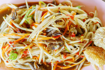 Traditional local Thai food papaya salad with pickled fish sauce close up
