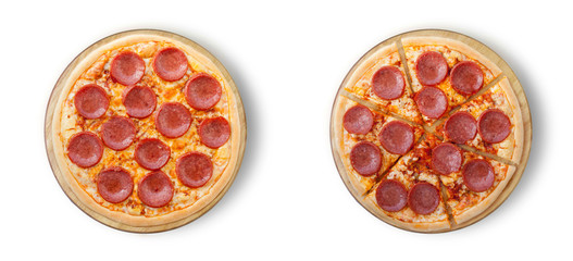 Isolated pizza pepperoni on a white background.	