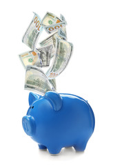 Blue piggy bank on white background. Money saving