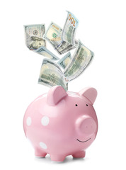 Pink piggy bank on white background. Money saving