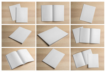 Set of blank brochures on light wooden background. Mock up for design