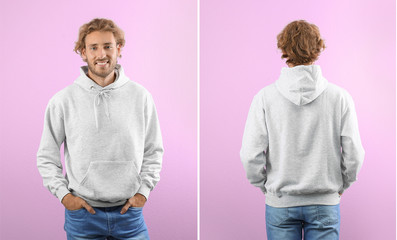 Man in blank hoodie sweater on color background, front and back views. Mock up for desing