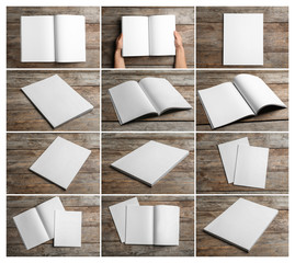 Set of blank brochures on wooden background. Mock up for design