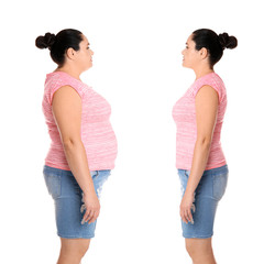 Fat woman on white background. Weight loss