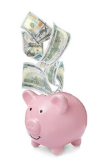 Pink piggy bank on white background. Money saving