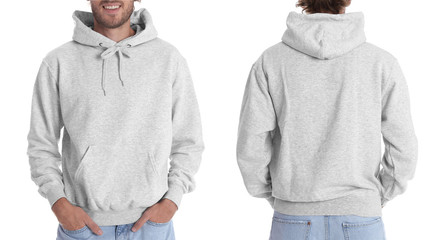 Man in blank hoodie sweater on white background, closeup. Mock up for desing