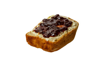 slice of white bread with butter and strawberry jam isolated