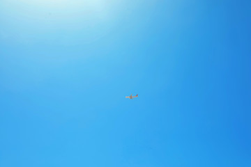Fototapeta na wymiar Distant view of modern airplane in blue sky