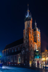 St. Mary's Basilica (Church of Our Lady Assumed into Heaven) in Krakow, Poland at night