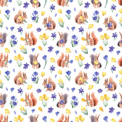 Seamless pattern with cute squirrel and bright crocus. Spring bright colors for textiles, cards, packaging.