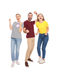 Obraz premium Young people celebrating victory on white background
