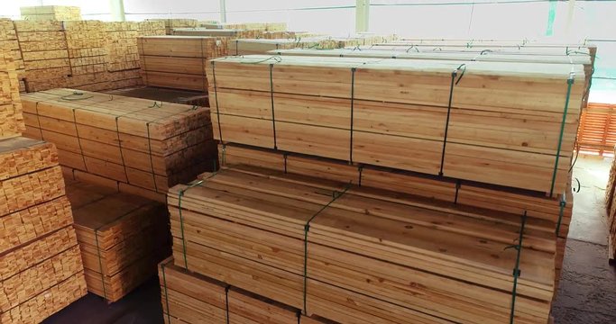 Warehouse timber, large timber warehouse drone video. A large warehouse of timber materials
