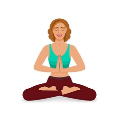 smiling girl with closed eyes meditating in yoga lotus position