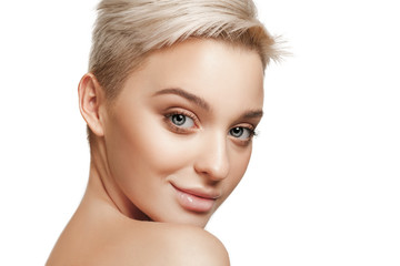 Fototapeta premium The beautiful female face. The perfect and clean skin of face on white. The beauty, care, skin, treatment, health, spa, cosmetic concept