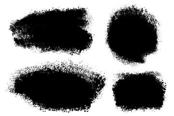 Vector set of big hand drawn brush strokes with splashes, stains for backdrops. Monochrome design elements set. One color monochrome artistic hand drawn backgrounds various shapes.