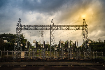 High voltage transformers and electric converters equipment in switchyard of hydroelectric power plant at Pak Mun Dam, a run-of-river hydroelectricity in Ubon Ratchathani Province, Thailand.