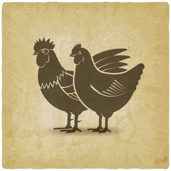 Fototapeta na wymiar hen and rooster silhouettes vintage background
