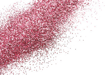 Pink glitter on white background, top view