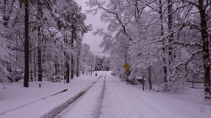 Snow covered street in residential neighborhood