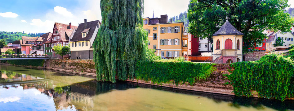 Beautiful half-timbered houses on the Nagold shore in Calw city, Black Forrest