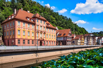 Beautiful half-timbered houses on the Nagold shore in Calw city, Black Forrest