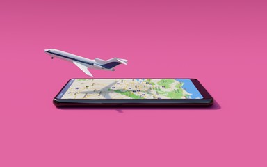 Commercial airplane taking off from the smartphone screen (Online ticket reservation)
