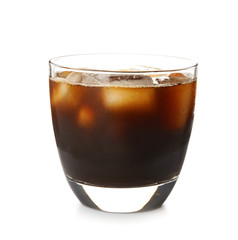Glass of coffee drink with ice cubes on white background