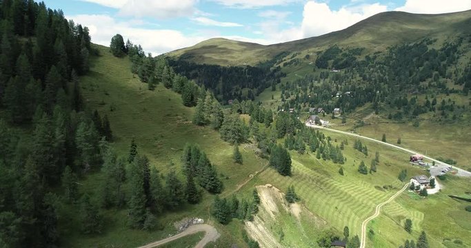 Aerial Drone flight in summer over mountain stream in the Nockberge mountains in the Thunder Gorge, Donnerschlucht, in Carinthia in innerkrems, lungau, schoenfeld