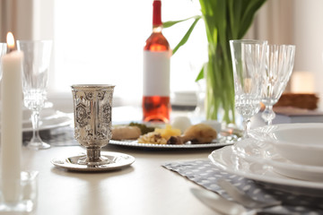 Table served for Passover (Pesach) Seder indoors