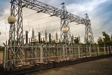High voltage transformers and electric converters equipment in switchyard of hydroelectric power plant at Pak Mun Dam, a run-of-river hydroelectricity in Ubon Ratchathani Province, Thailand.