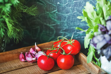 The natural texture of ripe juicy farm vegetables close-up and copy space. Tomatoes, peppercorns, garlic on a dark background, the concept of healthy food, toned photo