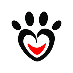 Sign, symbol, icon. Paw in black heart-shaped with red smile on white background.
