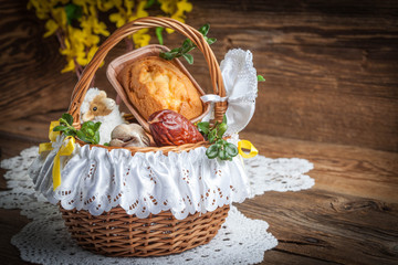 Traditional Easter basket with food.