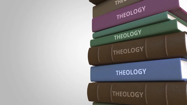 Pile of books on THEOLOGY, loopable 3D animation