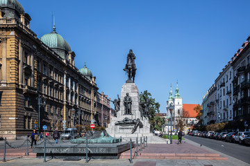 Battle of Grunwald monument and Tomb of the Unknown Soldier on  Matejko Square in Krakow, Poland