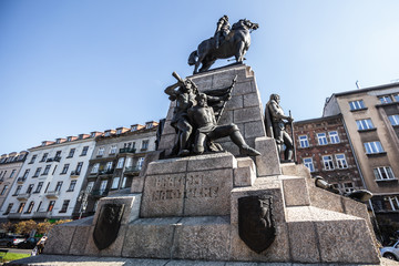 Battle of Grunwald monument and Tomb of the Unknown Soldier on  Matejko Square in Krakow, Poland