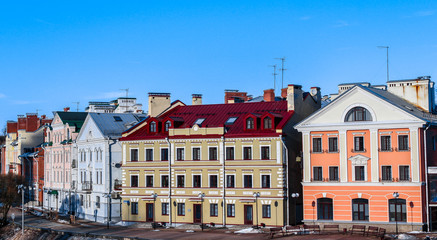 Fototapeta premium Golden Embankment, a residential area in the historical site of Pskov on the river Pskov. Russia