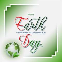 Celebration, design, background with handwriting 3d texts and green Earth globe for Earth day, event celebration; Vector illustration