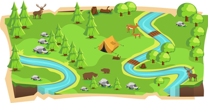 Forest Jungle 2D Game Maps and Soft Green land with Bear, Mouse Deer, Tent, Rivers, stone and Trees for Platform Vector Illustration