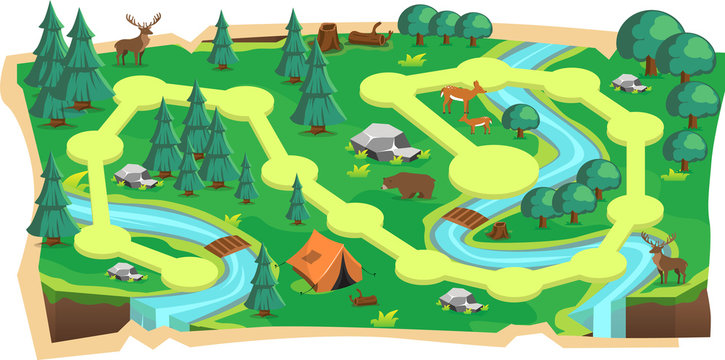 Forest Jungle 2D Game Maps with Path and Green land with Bear, Mouse Deer, Tent, Rivers, stone and Trees for Platform Vector Illustration