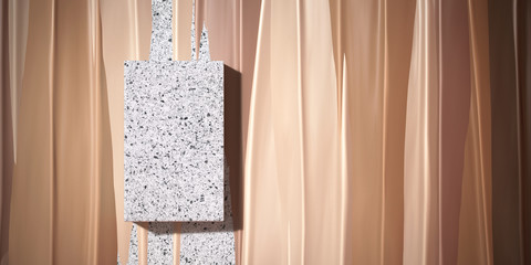 Cosmetic background for product presentation. White terrazzo podium on white terrazzo geometry form with cosmetic texture in earth tone color . 3d rendering illustration.