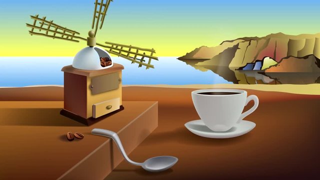 Surrealistic landscape with a cup of coffee and a coffee mill on the seashore. Animation.