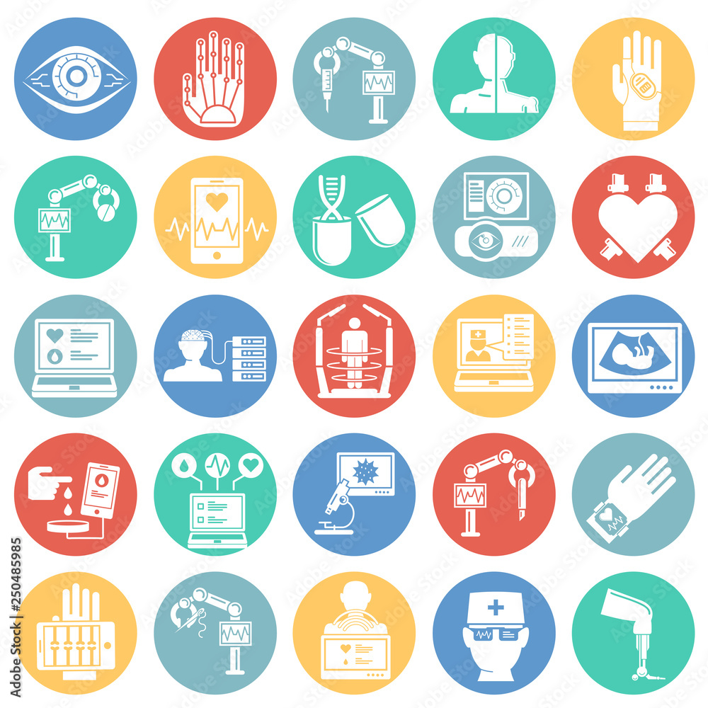 Poster future medicine icons set on color circles white background for graphic and web design, modern simpl