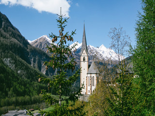 Fototapeta na wymiar Little church in Heiligenblut, Austria, located in the valley, between Alpine mountains. Lots of trees.Pine tree full of cones in the middle. Beautiful for holidays. Grossglockner group in the back