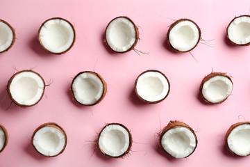 Coconut pattern on color background, flat lay